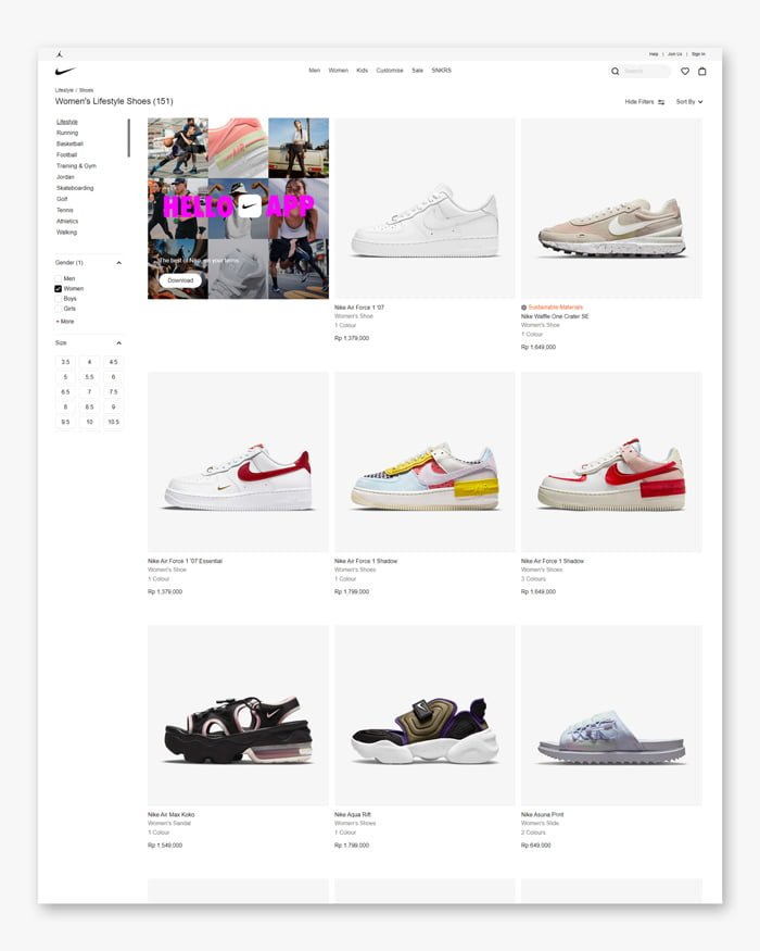 Foto katalog pada halaman produk pada website resmi Nike